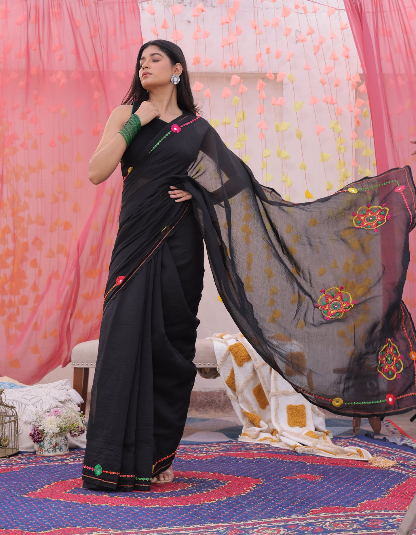 Black Mandala Hand Embroidered Saree