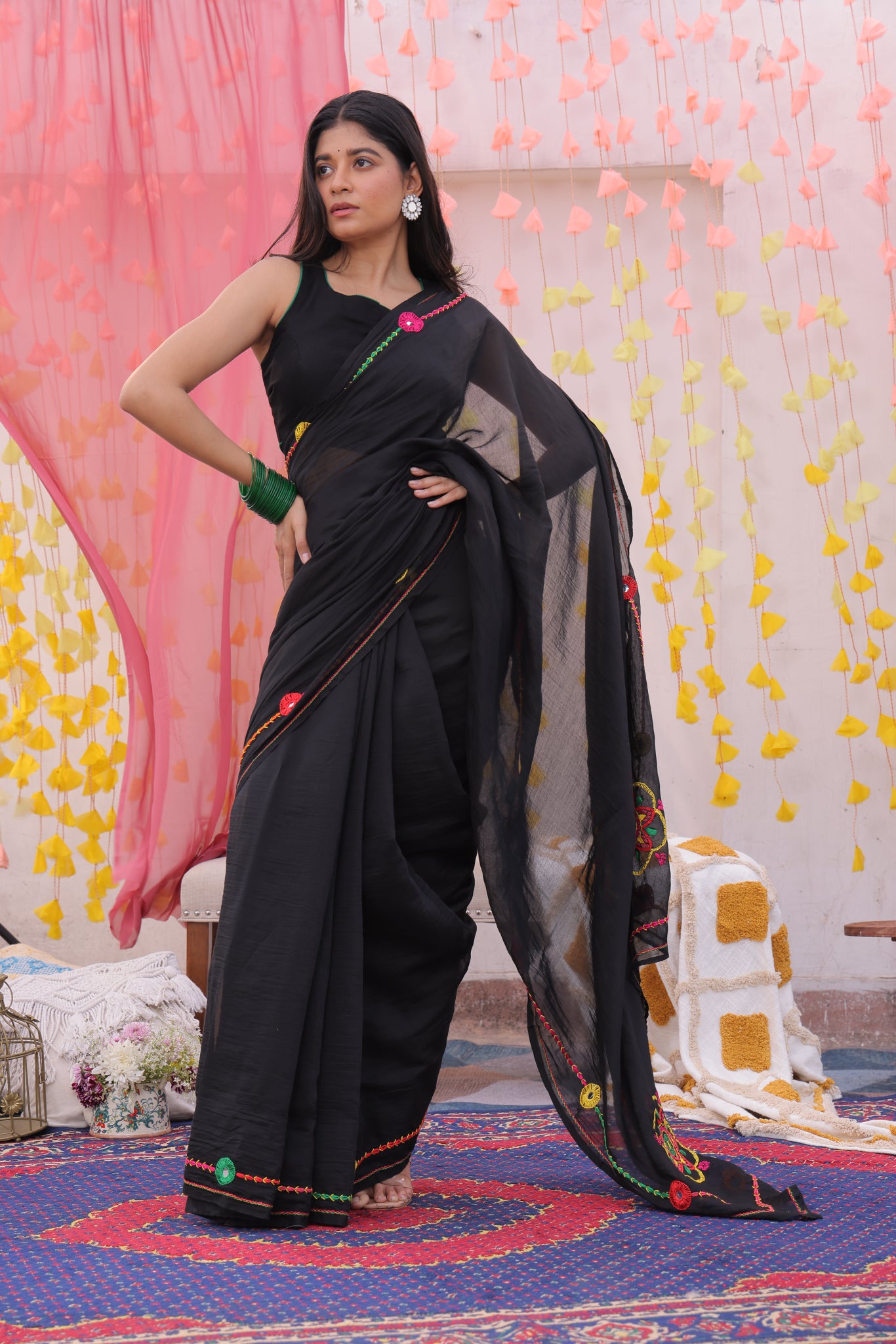 Black Mandala Hand Embroidered Saree