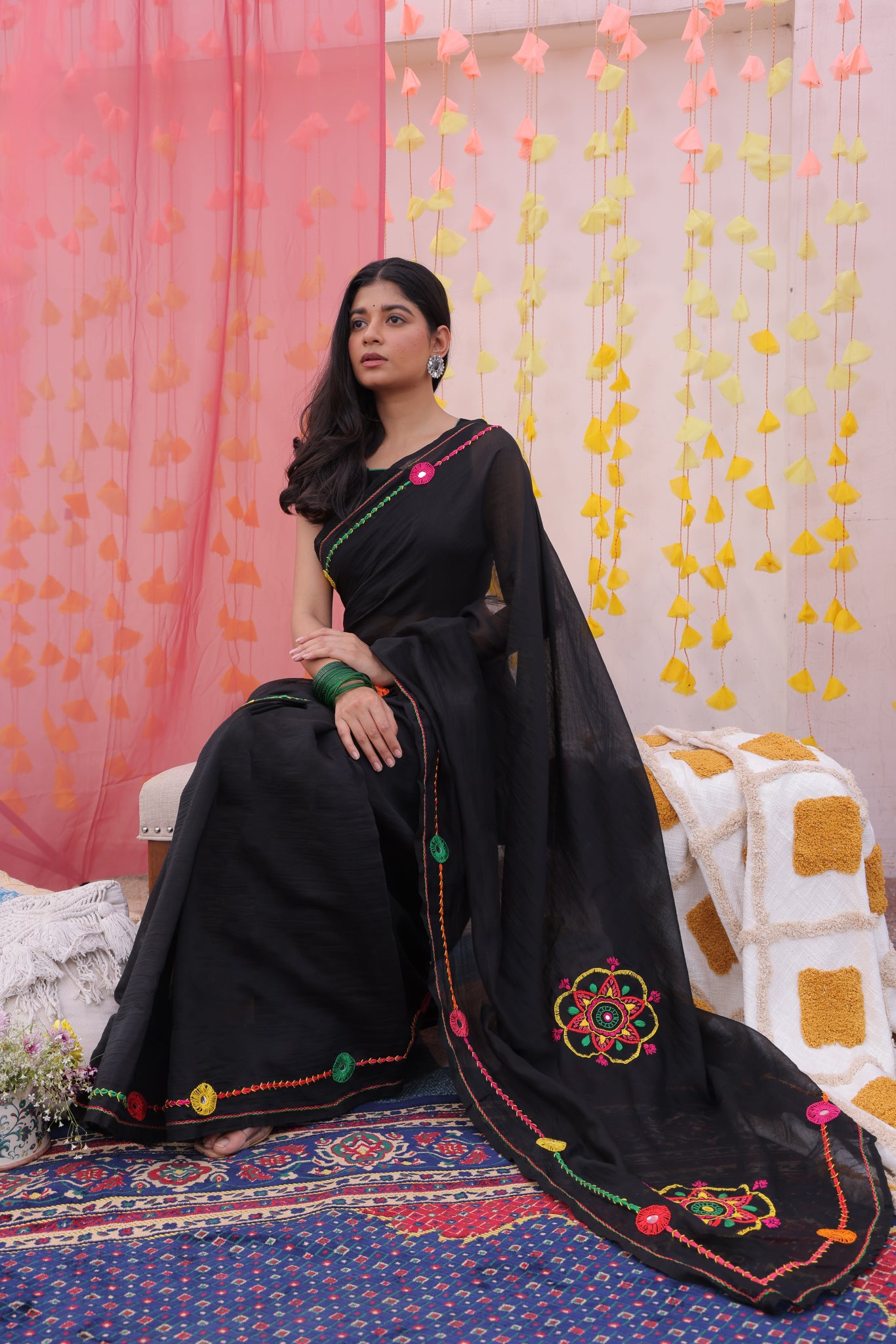 Black Mandala Hand Embroidered Saree