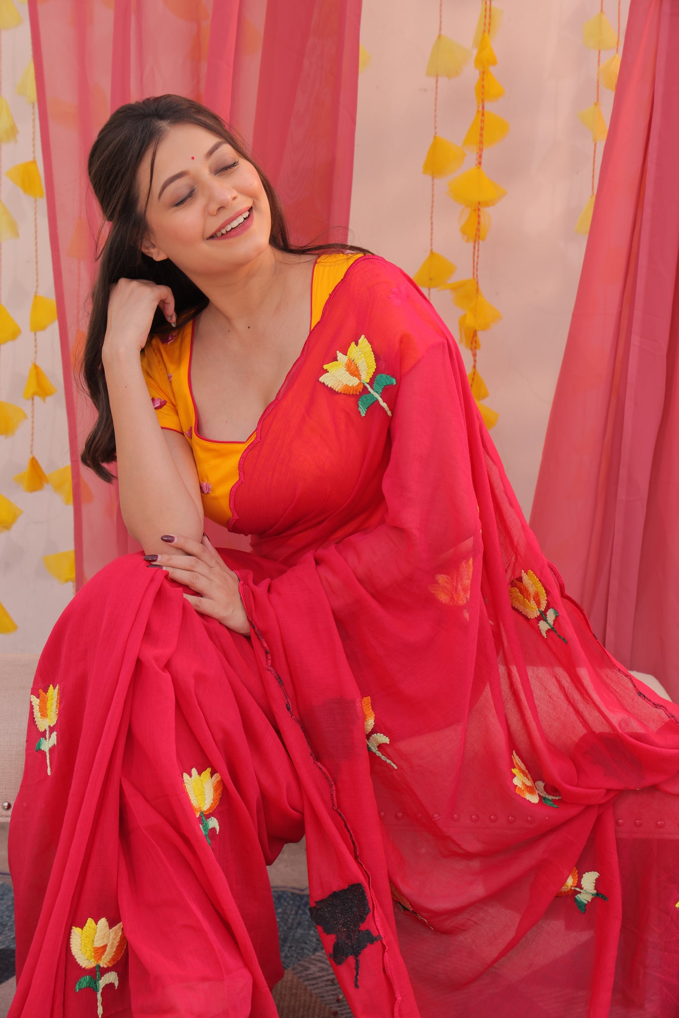 Yellow Lotus Mulmul Saree