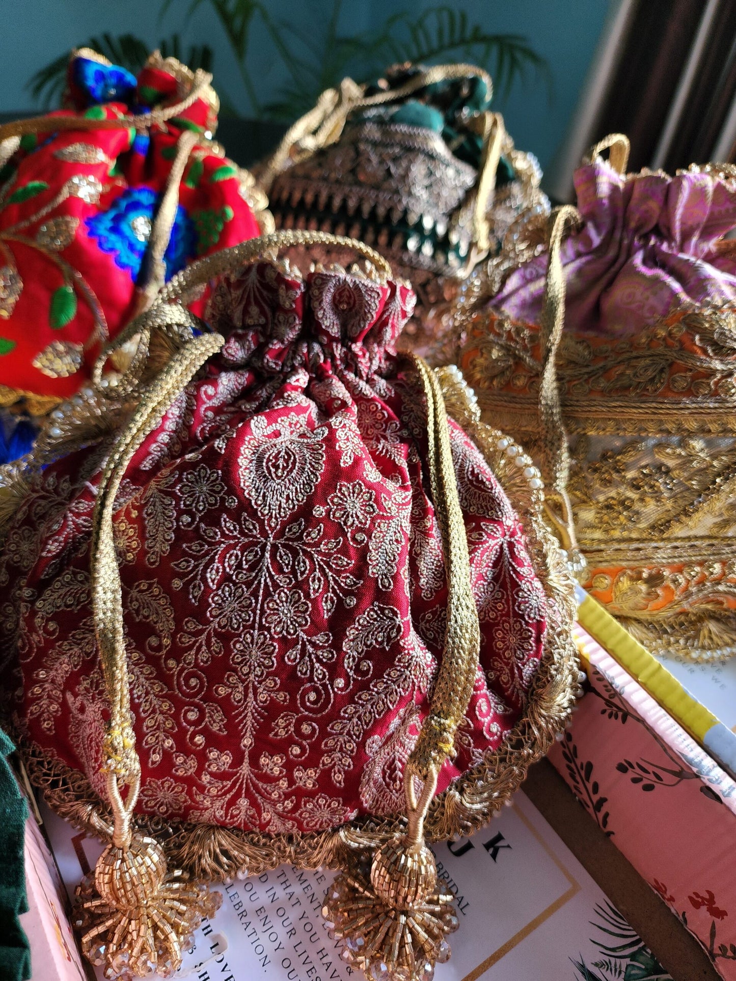 Maroon Embroidered Potli Bag