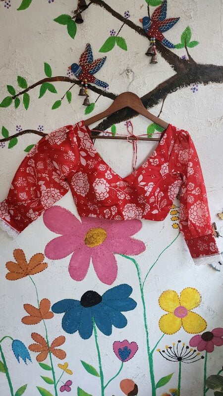 Red Floral Chanderi Blouse