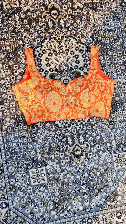 MANDARIN ORANGE BROCADE SLEEVELESS BLOUSE