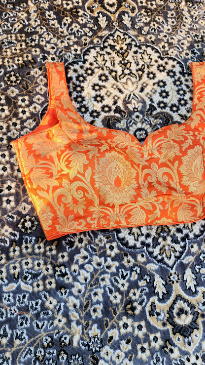 MANDARIN ORANGE BROCADE SLEEVELESS BLOUSE