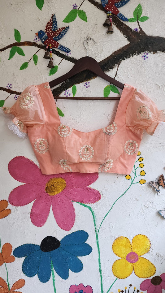 PEACH CHANDERI FLORAL EMBROIDERED BLOUSE