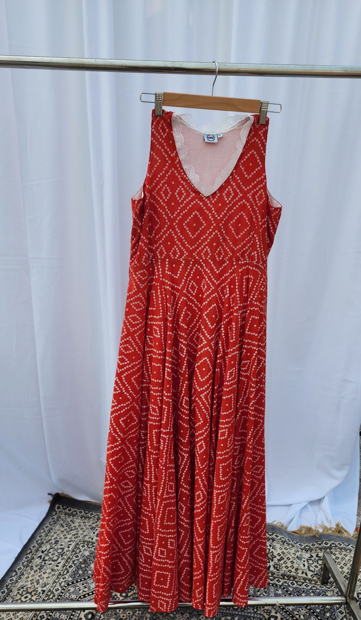 RED BANDHANI PRINTED COTTON MAXIDRESS