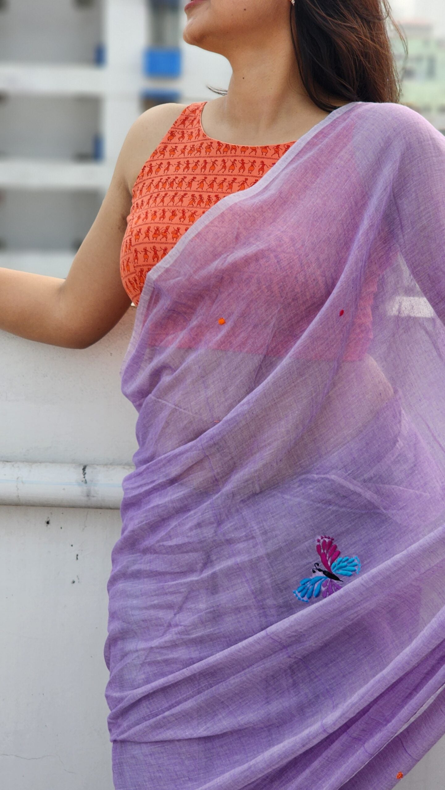 Lavender Mul Cotton Butterfly Embroidered Saree