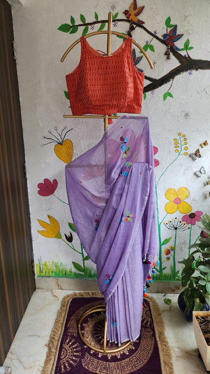 Lavender Mul Cotton Butterfly Embroidered Saree