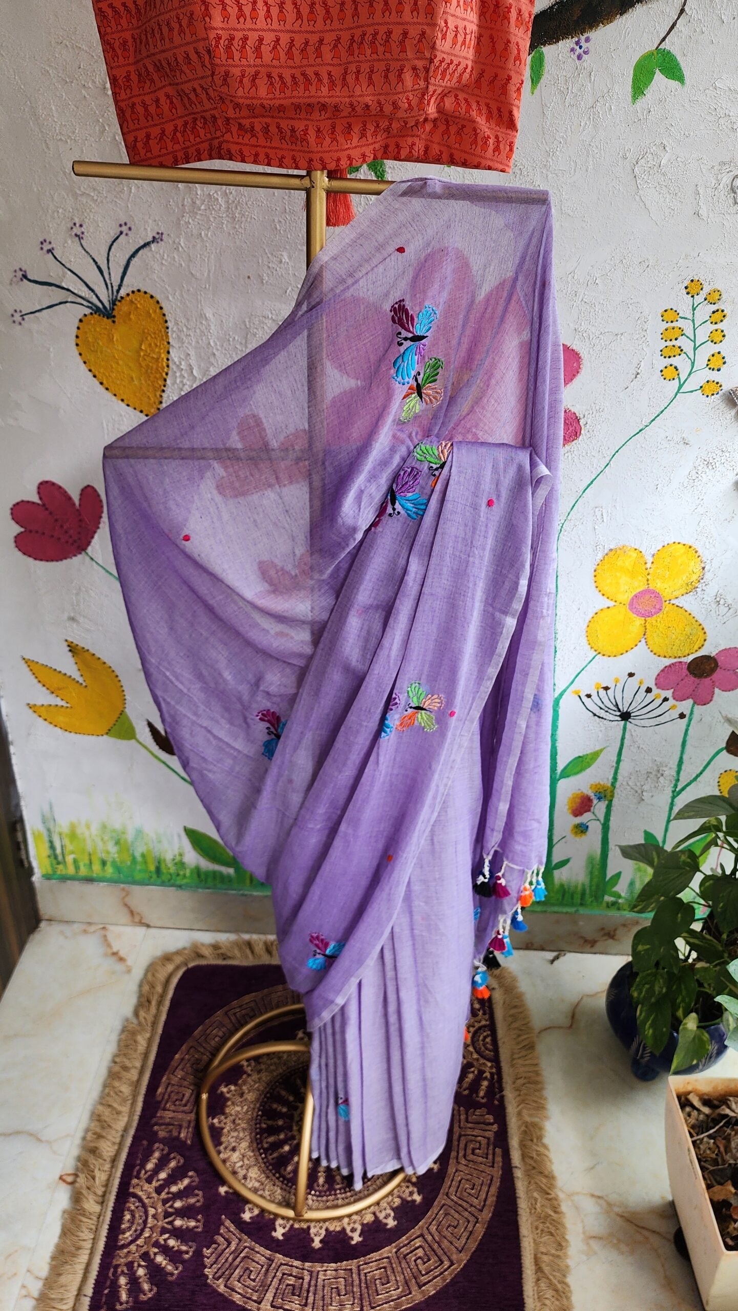 Lavender Mul Cotton Butterfly Embroidered Saree