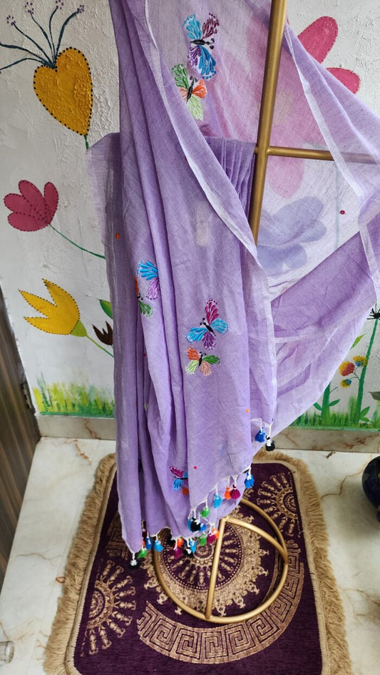 Lavender Mul Cotton Butterfly Embroidered Saree