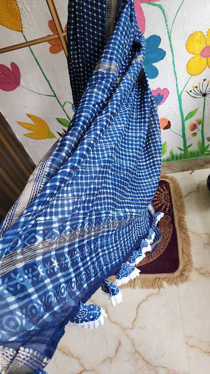 INDIGO CHECKS MAHESHWARI SILK & COTTON SAREE