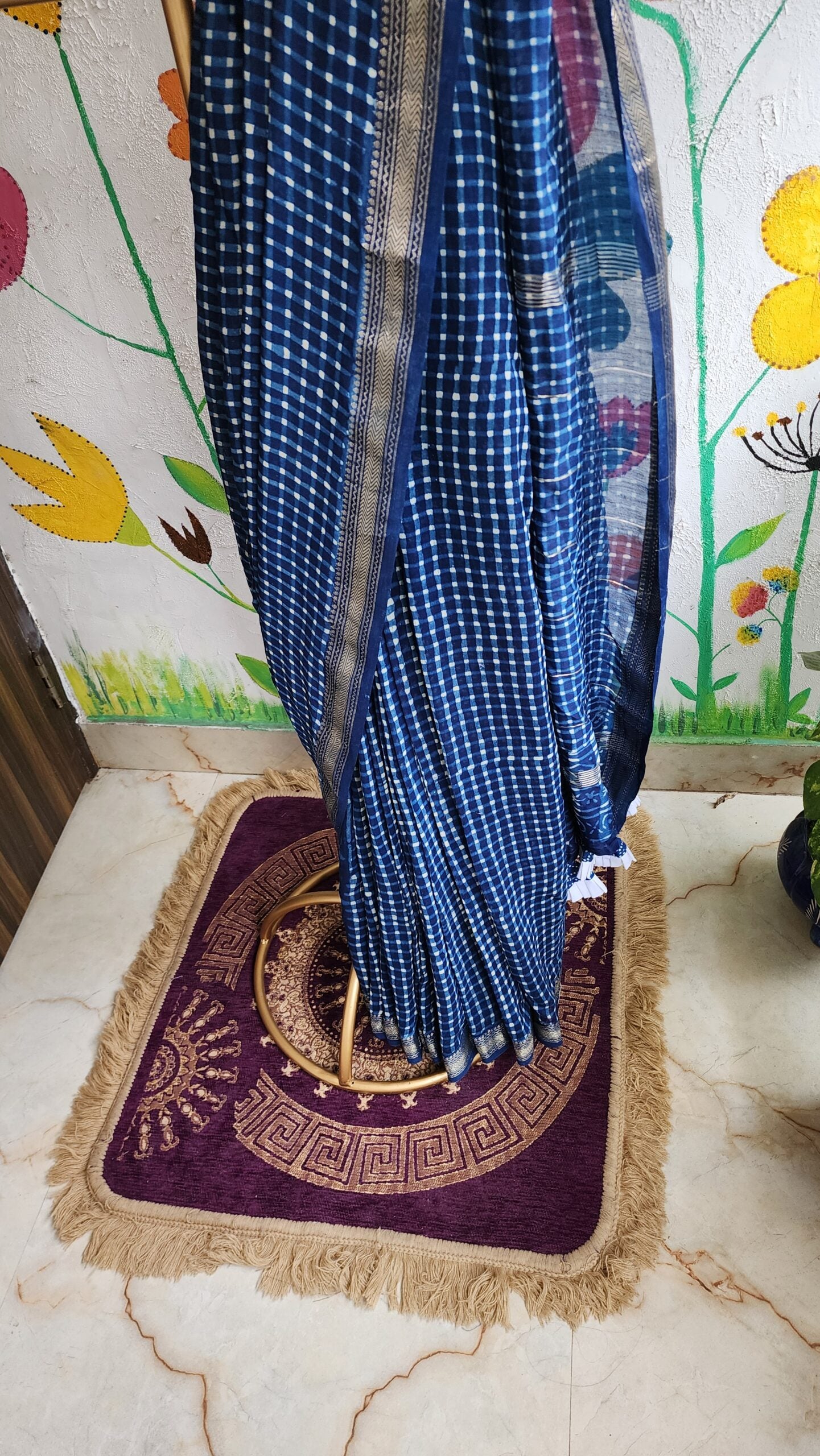 INDIGO CHECKS MAHESHWARI SILK & COTTON SAREE