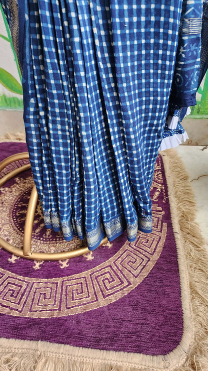 INDIGO CHECKS MAHESHWARI SILK & COTTON SAREE