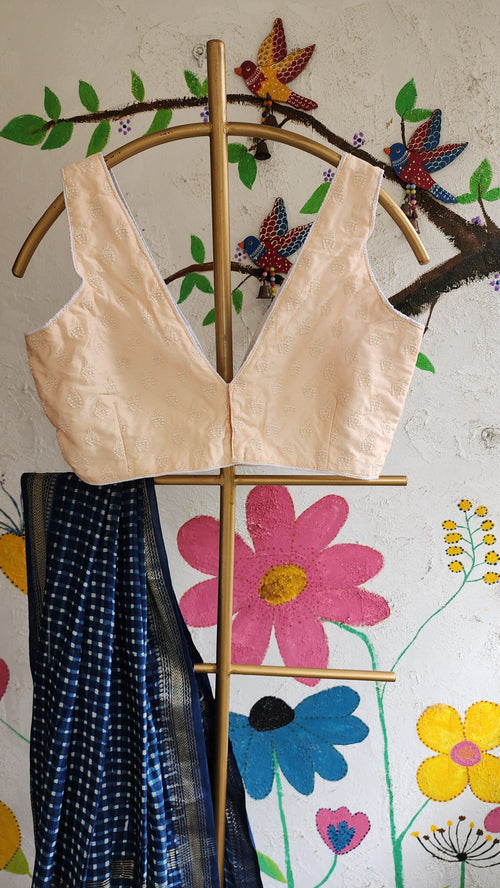 BEIGE EMBROIDERED PLUNGE NECK BLOUSE