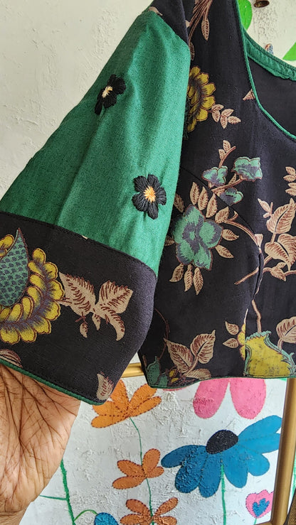 BLACK GREEN PATCHWORK HAND EMBROIDERED BLOUSE