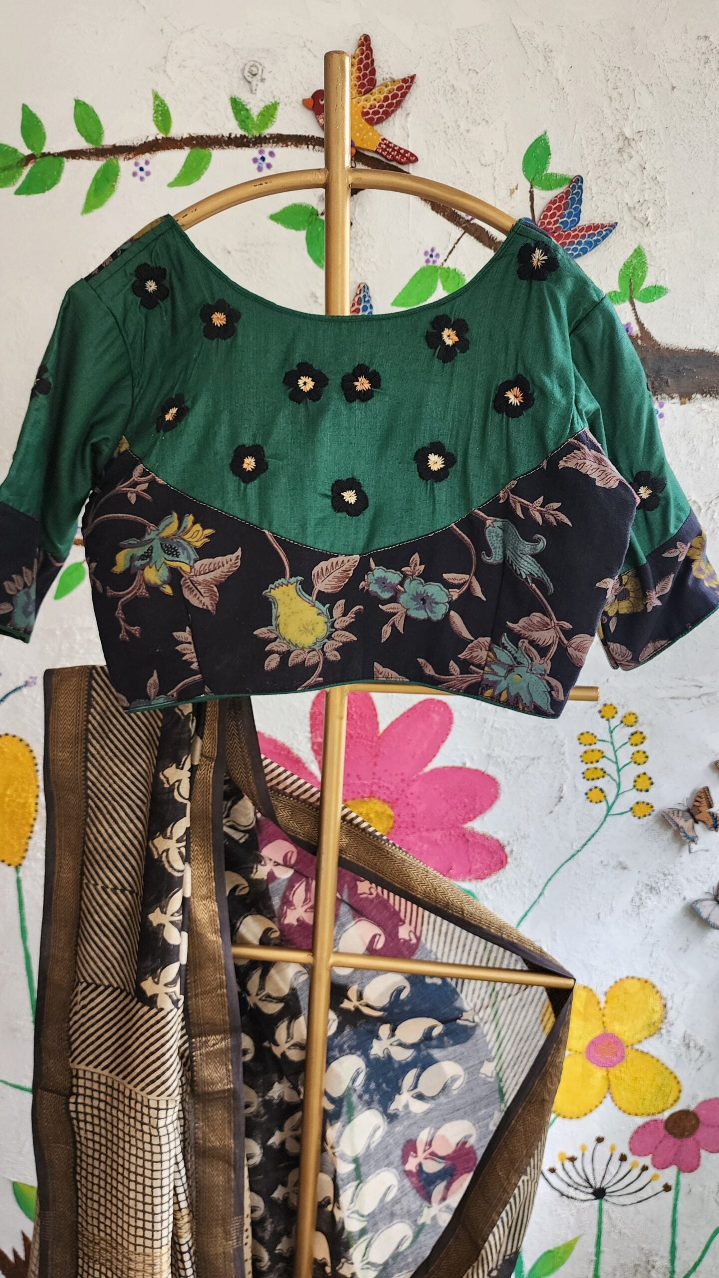 BLACK GREEN PATCHWORK HAND EMBROIDERED BLOUSE