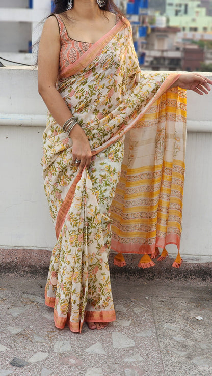 WHITE FLORAL JAAL MAHESHWARI SILK  & COTTON SAREE