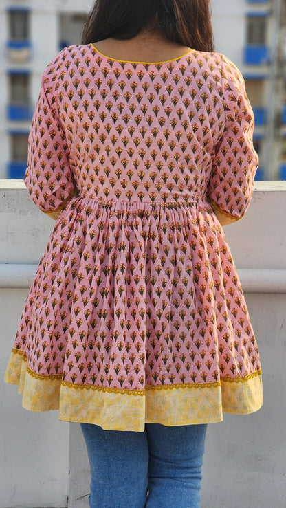 BABY PINK HAND BLOCK PRINTED COTTON FLARED TOP