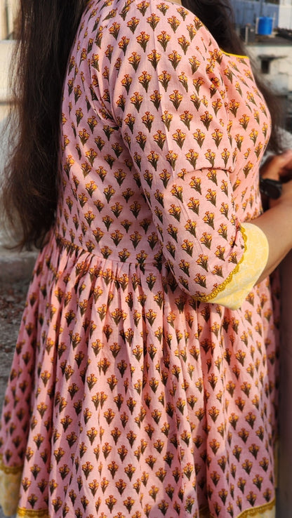 BABY PINK HAND BLOCK PRINTED COTTON FLARED TOP