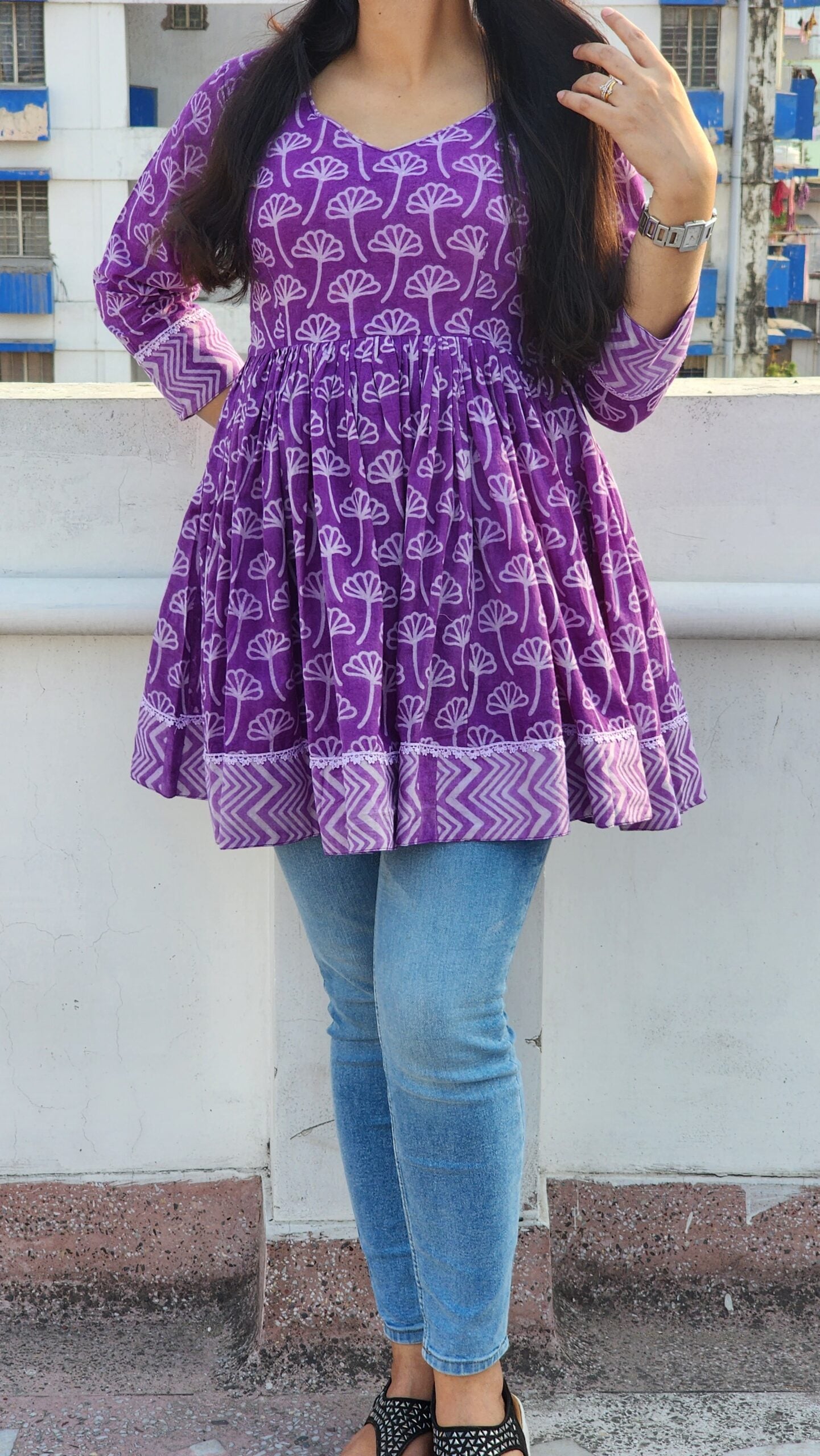 PURPLE HAND BLOCK PRINTED COTTON FLARED TOP