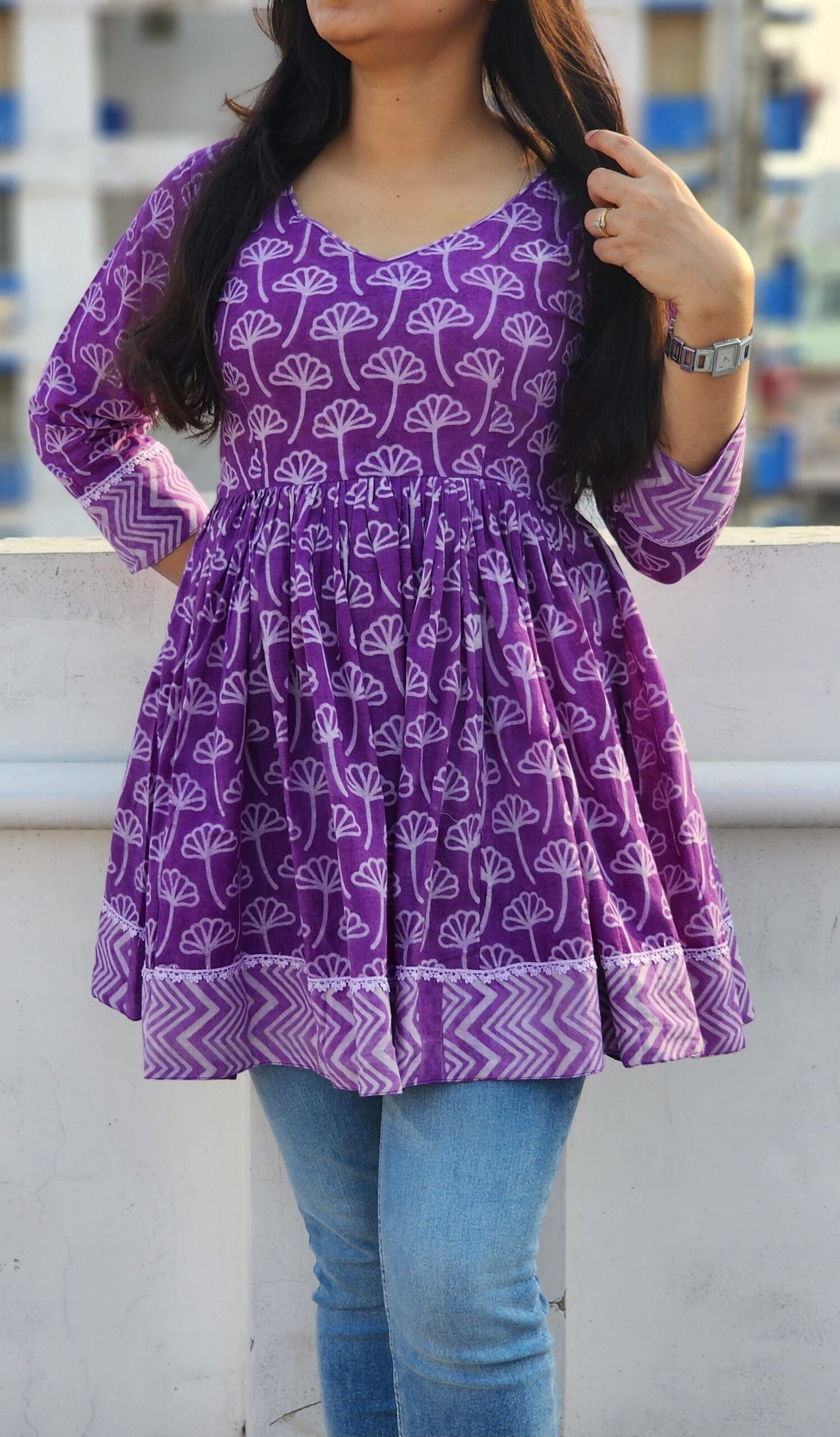 PURPLE HAND BLOCK PRINTED COTTON FLARED TOP