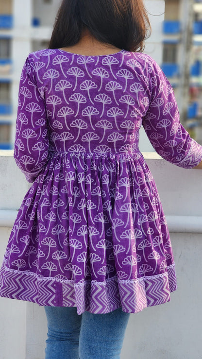 PURPLE HAND BLOCK PRINTED COTTON FLARED TOP