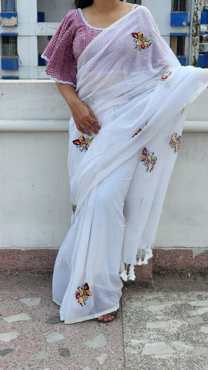 White Butterfly Mul Cotton Saree