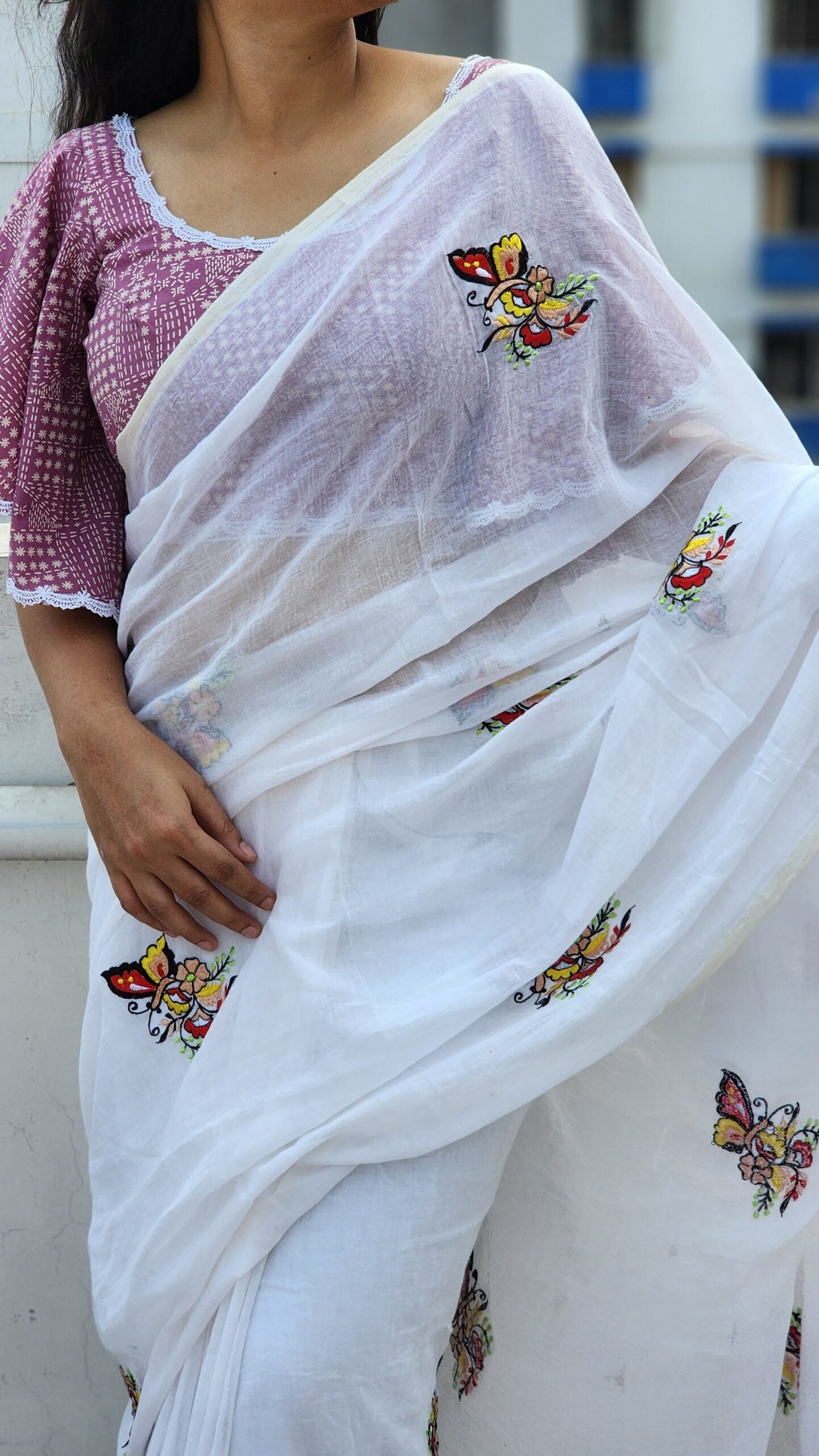 White Butterfly Mul Cotton Saree