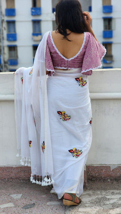 White Butterfly Mul Cotton Saree