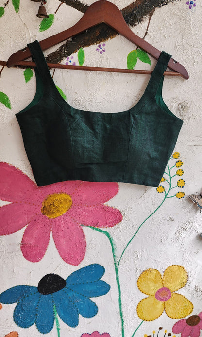 Dark Green Khadi Cotton Sleeveless Blouse