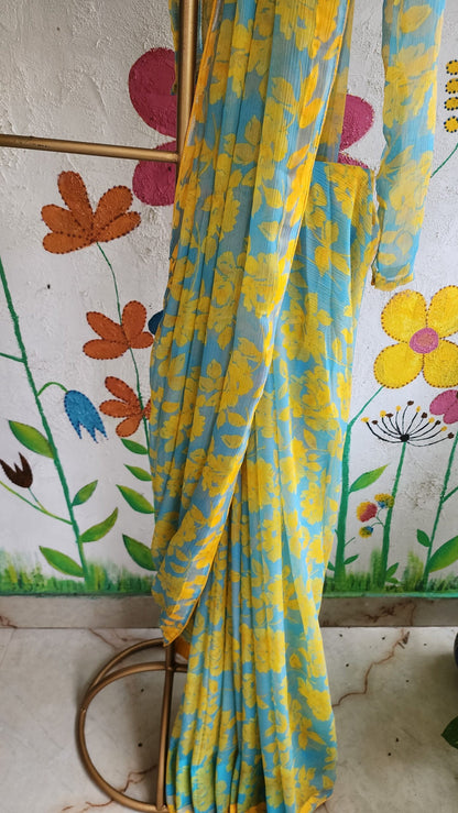 Sky Blue Floral Chiffon Saree