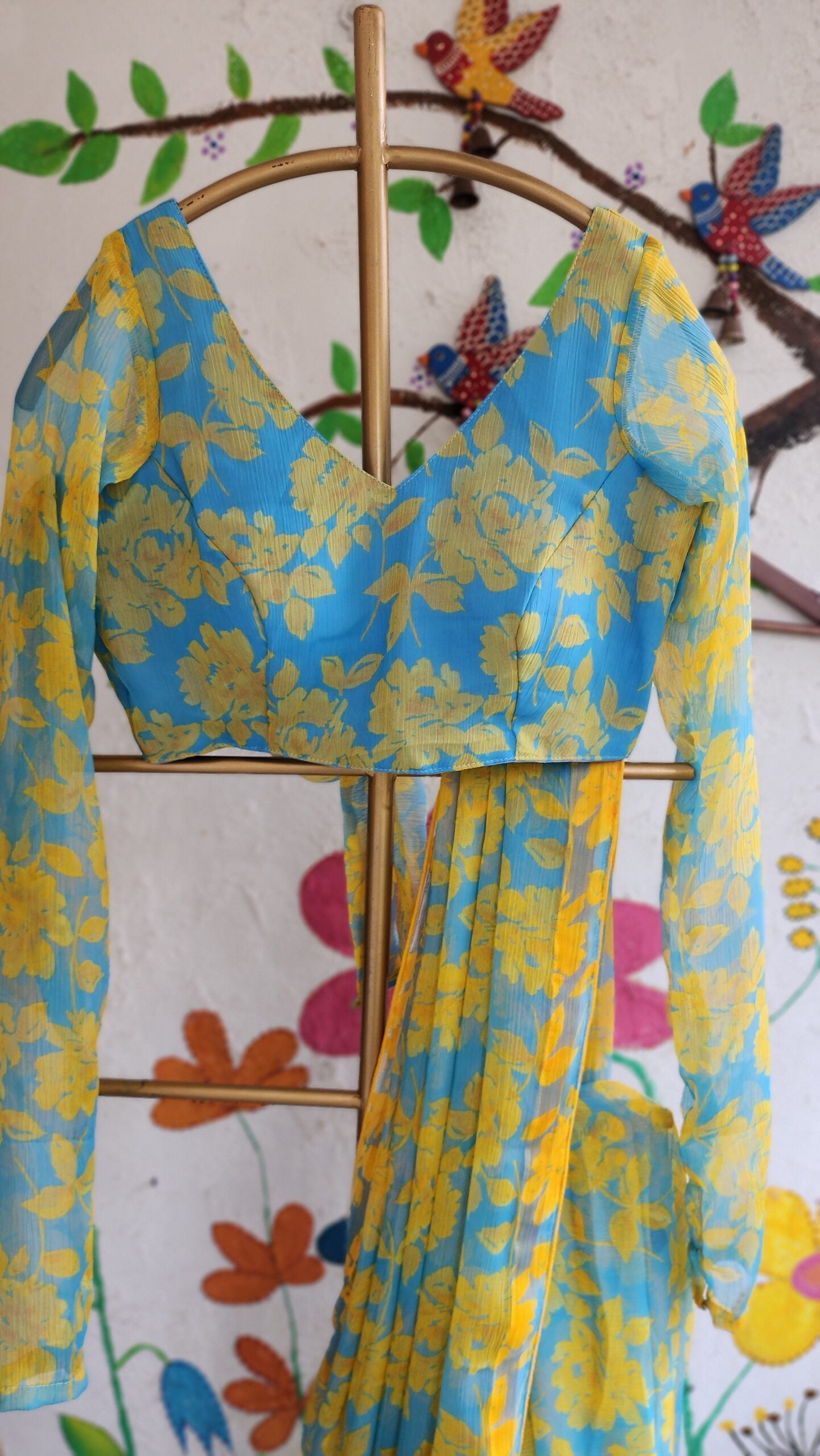 Sky Blue Floral Chiffon Blouse(Full Sleeve)