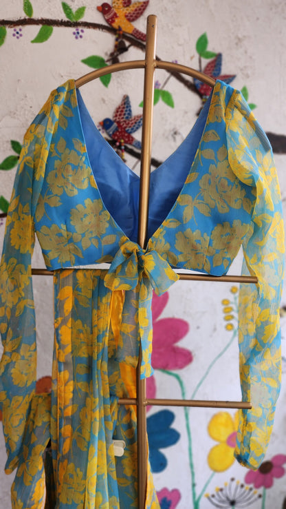 Sky Blue Floral Chiffon Blouse(Full Sleeve)