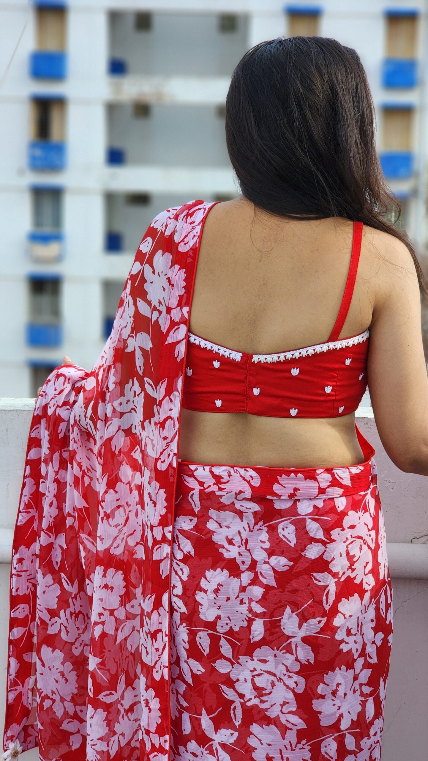 Red White Floral Chiffon Saree