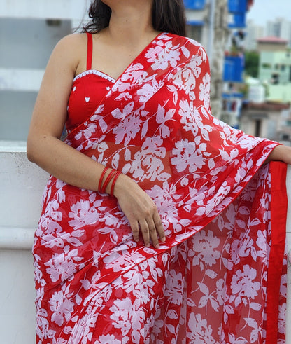 Red White Floral Chiffon Saree