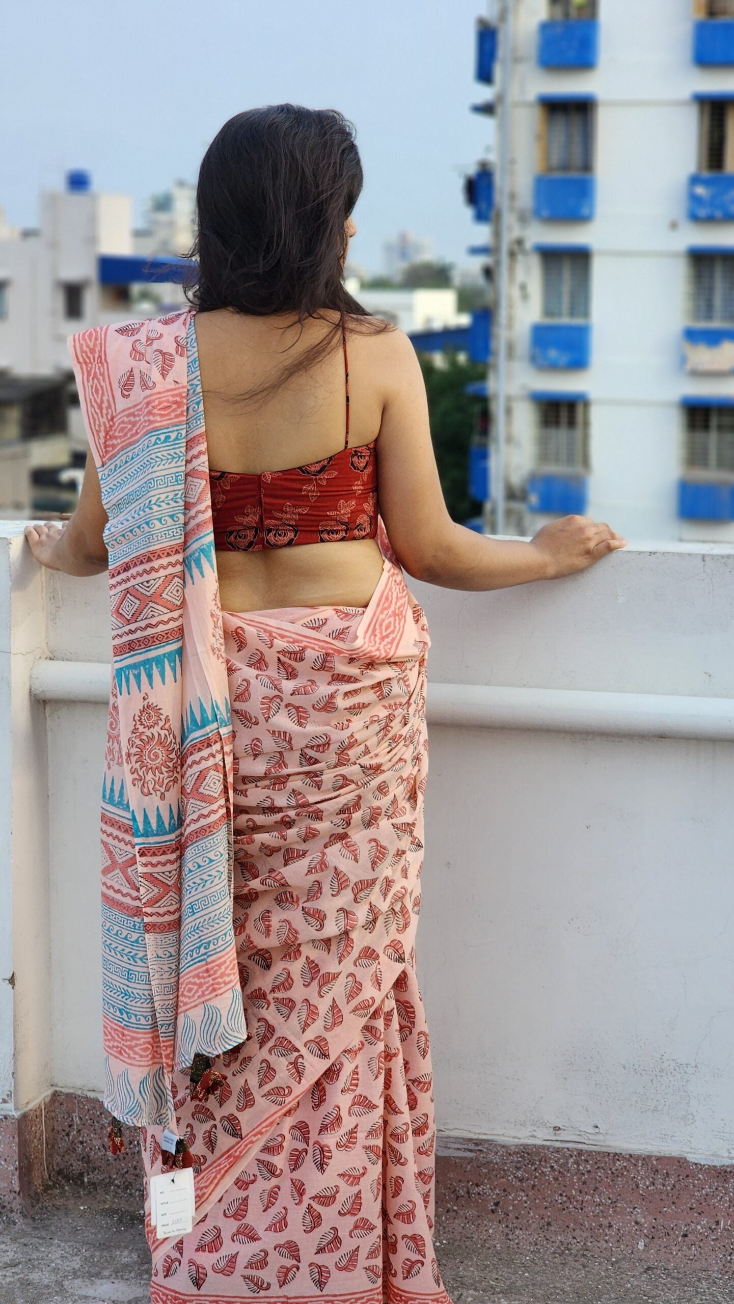 Light Peach Block Printed Mul Cotton Saree