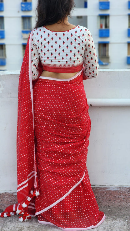 Red Polka Mul Cotton Saree