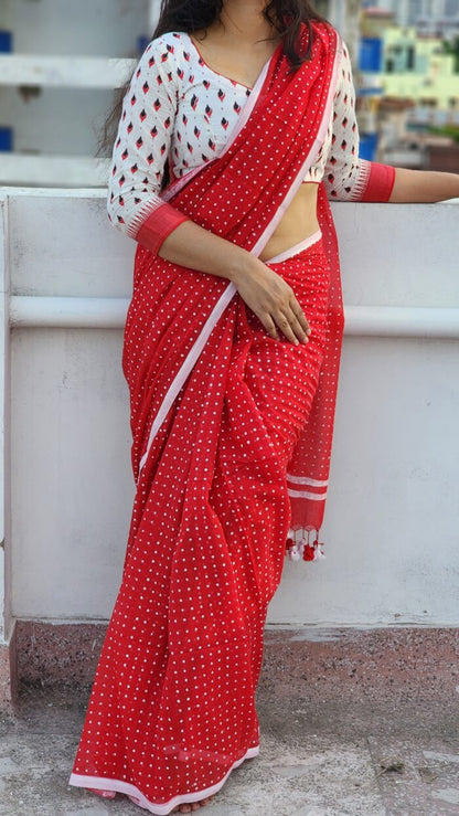 Red Polka Mul Cotton Saree