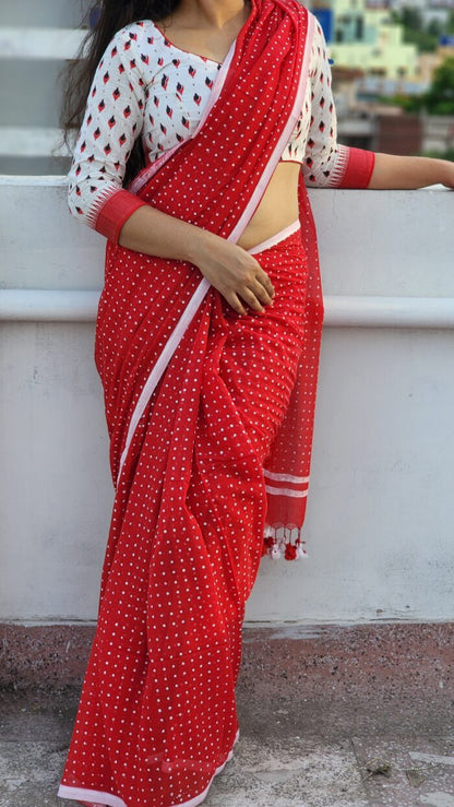 Red Polka Mul Cotton Saree