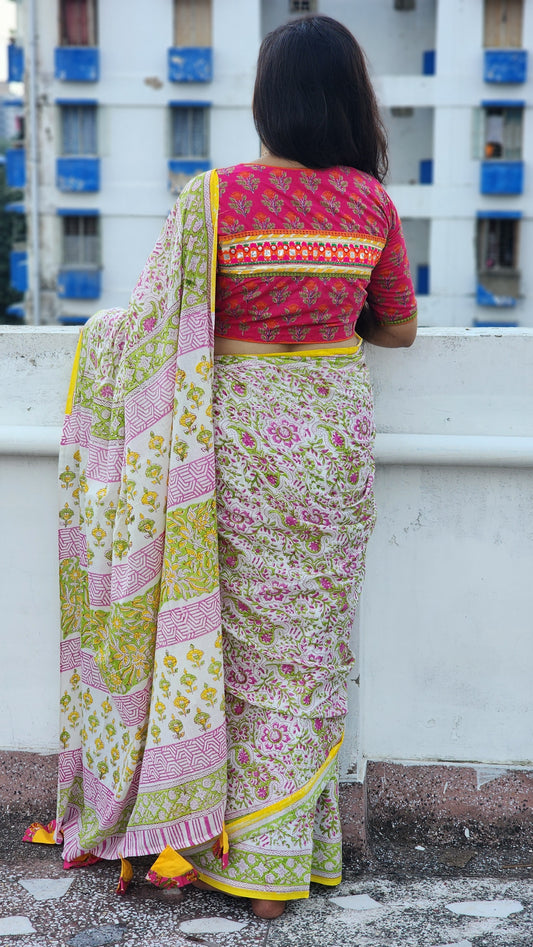 Guldasta Handblock Mulmul Saree