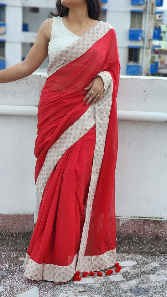 Red White Patchwork Mul Cotton Saree