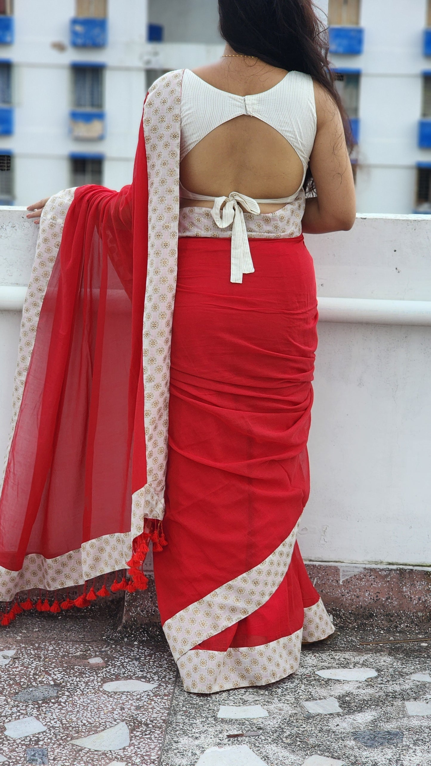 Red White Patchwork Mul Cotton Saree