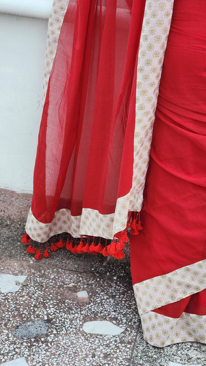 Red White Patchwork Mul Cotton Saree