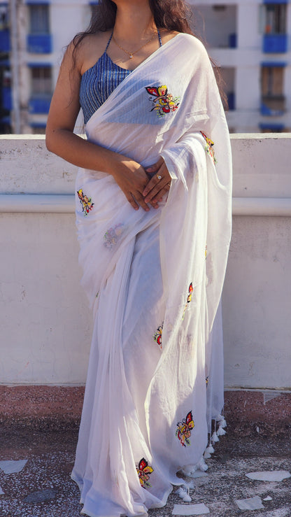 White Butterfly Mul Cotton Saree