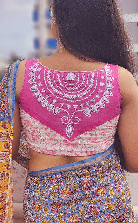 Pink White Embroidered Cotton Blouse