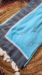 Cloudless Sky Mulmul Patchwork Saree