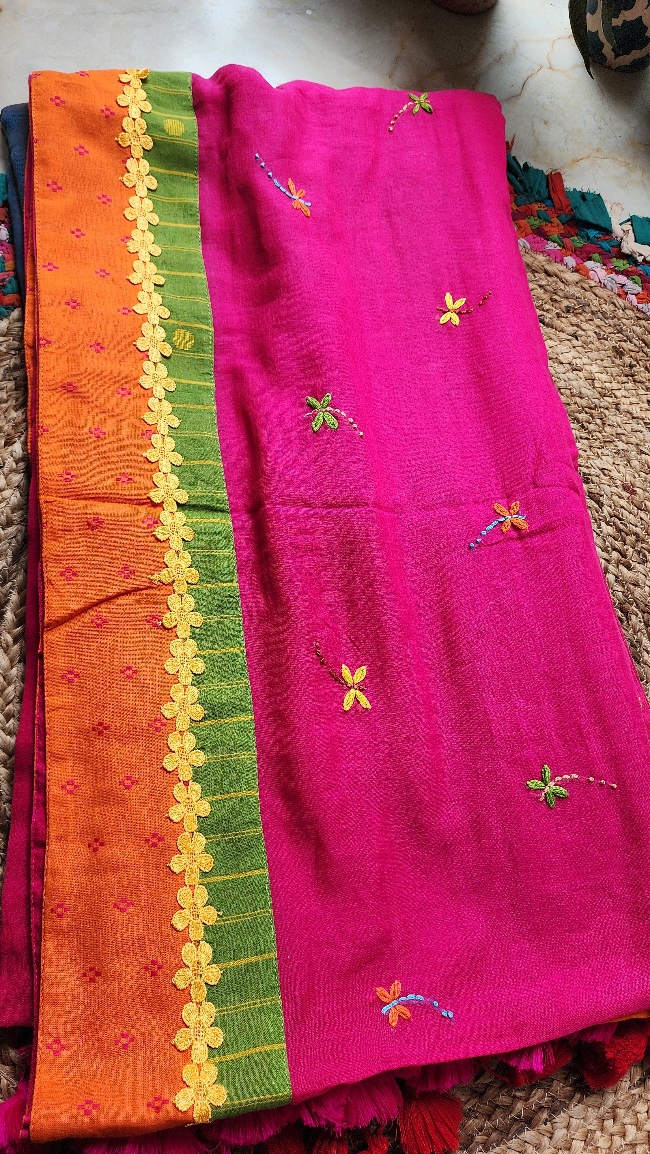Fuchsia Flame Mulmul Patchwork Saree