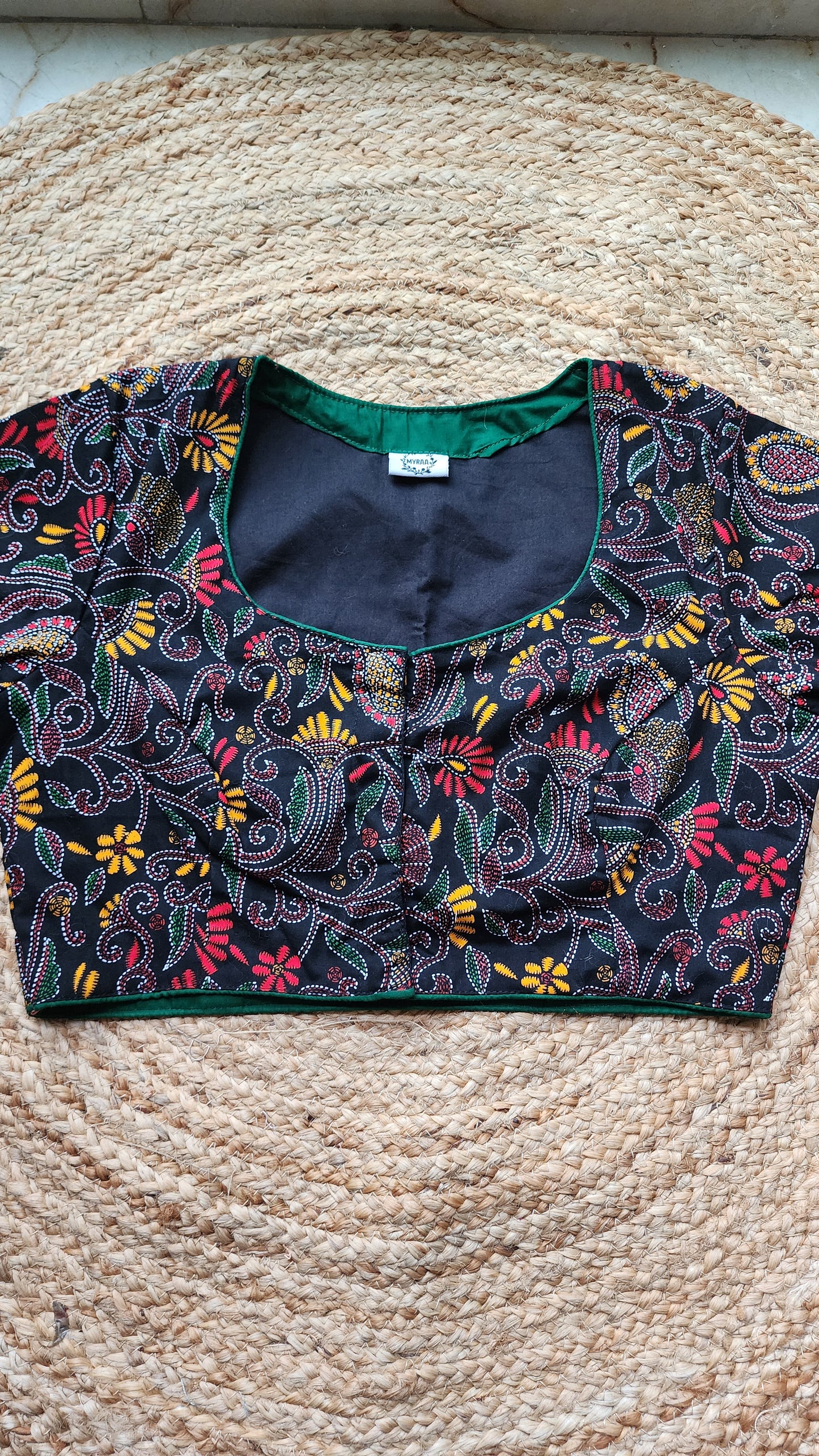 Black Kantha Printed Patchwork Blouse