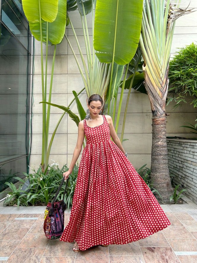 Maroon Handblock Cotton Dress