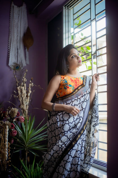 B & W Geometric Saree